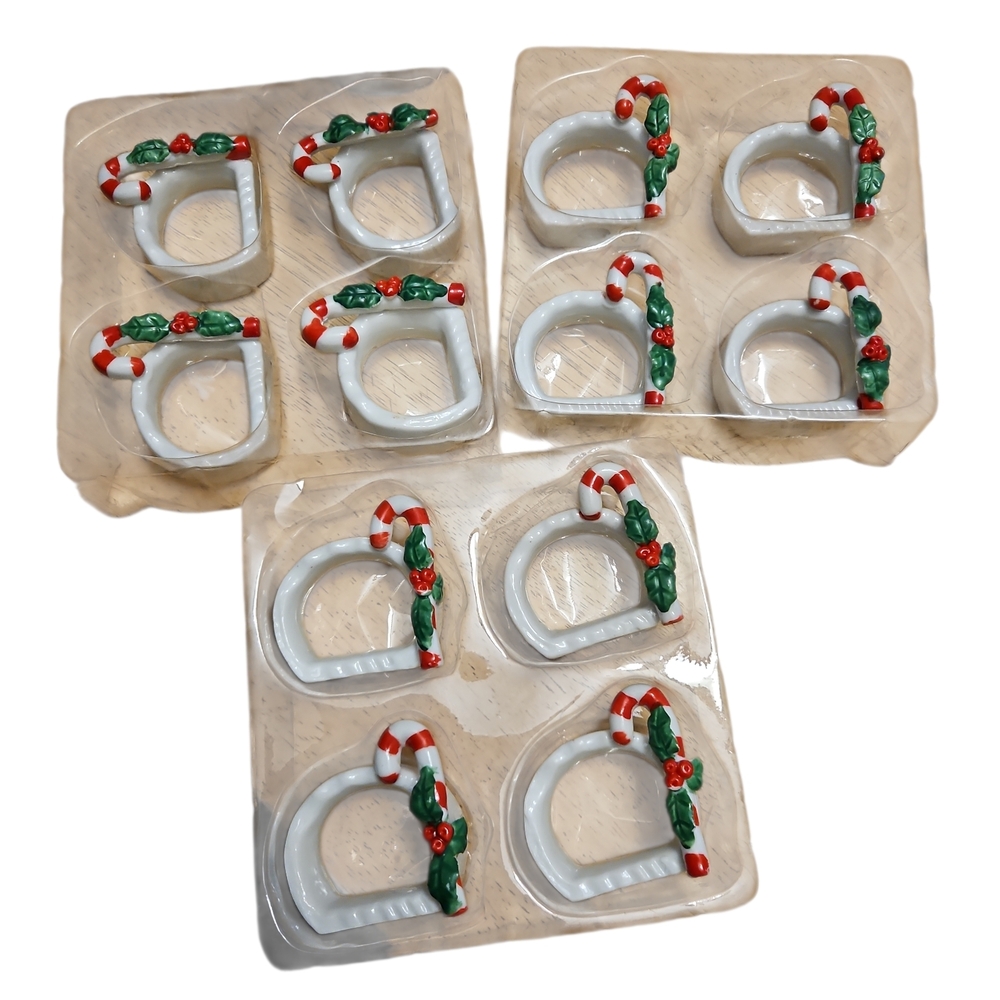New Set of 12 Christmas Candy Cane Holly Napkin Rings Ceramic Holiday Table Deco